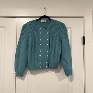 Vtg Robert Scott LTD Women's 100% Shetland Wool Scotland Blue Cardigan Size‎ 38
